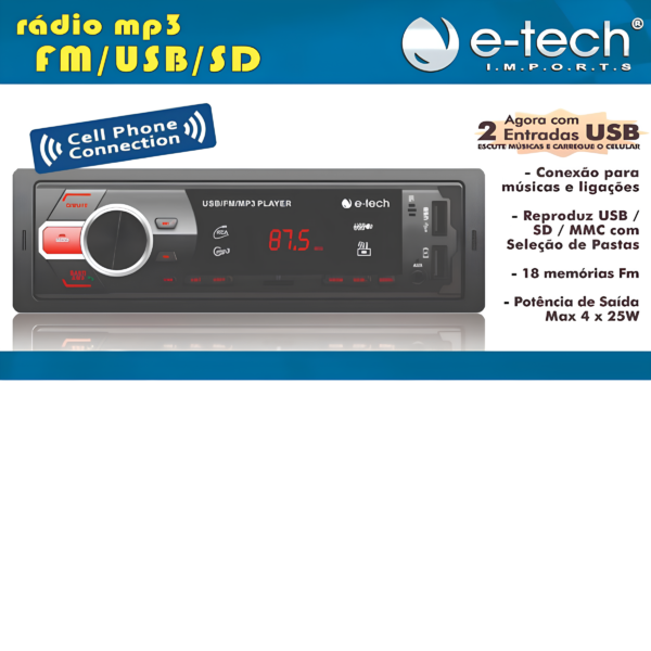 Som Automotivo Etech Light Com 2 Usb Bluetooth E Leitor De Cartão Sd - Image 4