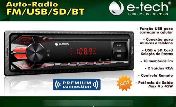 Som Automotivo Etech Premium 2 Usb Bluetooth Leitor Cartão Sd - Imagem 4