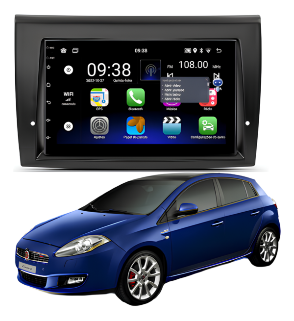 Central Multimídia Android 13 Carplay Android Auto Sem Fio 2gb 32gb Quadcore + Moldura Fiat Bravo Camera De Ré