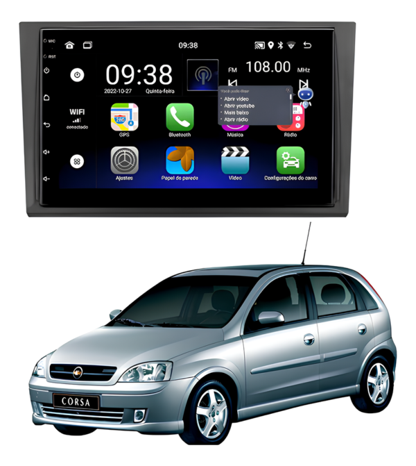 Central Multimídia Android 13 Carplay Android Auto Sem Fio 2gb 32gb Quadcore + Moldura Corsa Camera De Ré