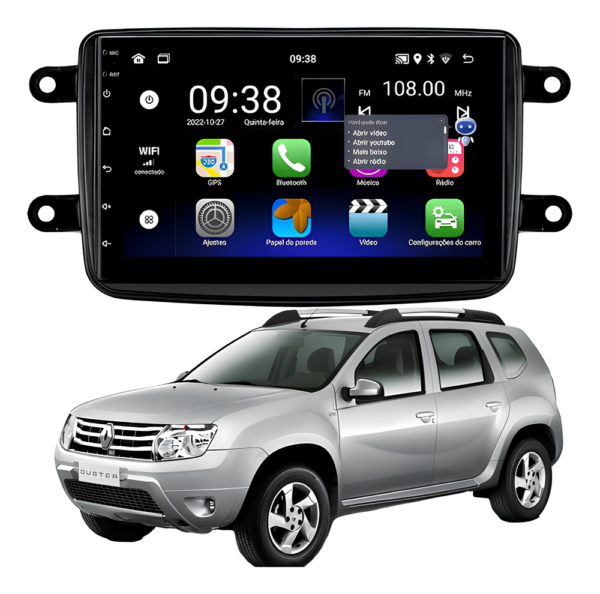 Central Multimídia Android 13 Carplay Android Auto Sem Fio 2gb 32gb Quadcore + Moldura Renault Duster Camera De Ré