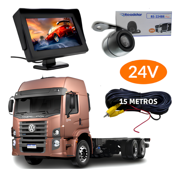 Monitor Lcd 4.3 Com Câmera De Ré 24v Caminhão Onibus Van + Cabo 15 Metros