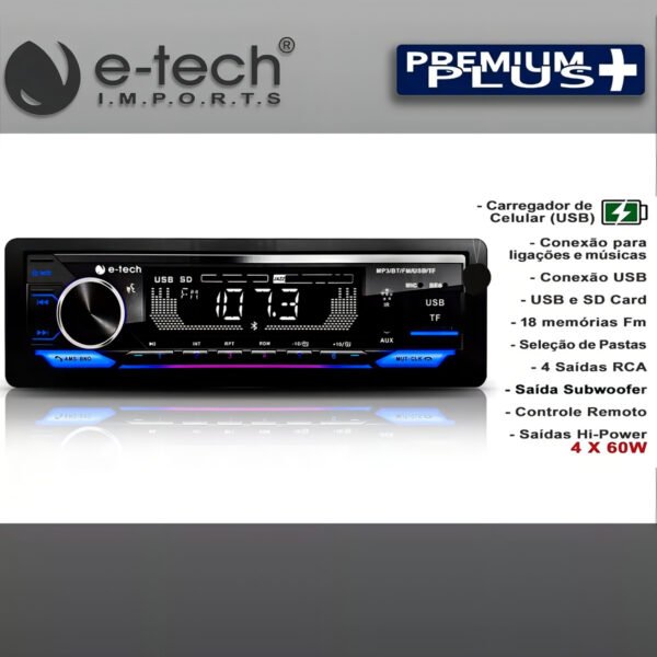 Auto Radio Fm Mp3 E-tech Premium Plus Bt Usb Carrega Celular - Image 5