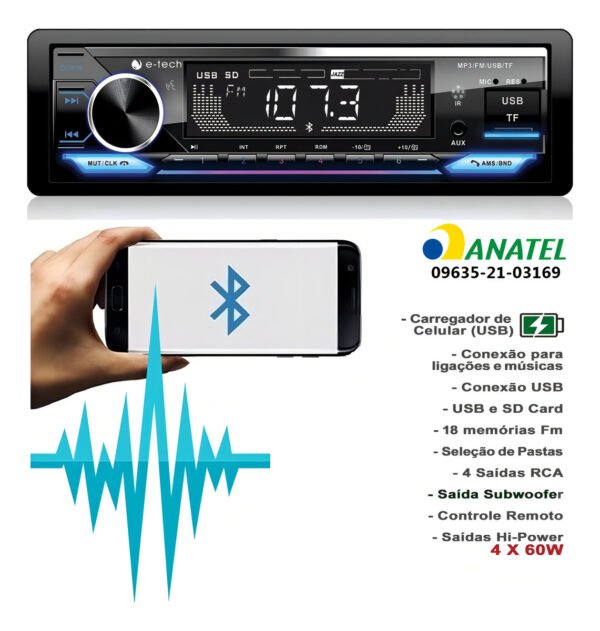 Auto Radio Fm Mp3 E-tech Premium Plus Bt Usb Carrega Celular - Image 7